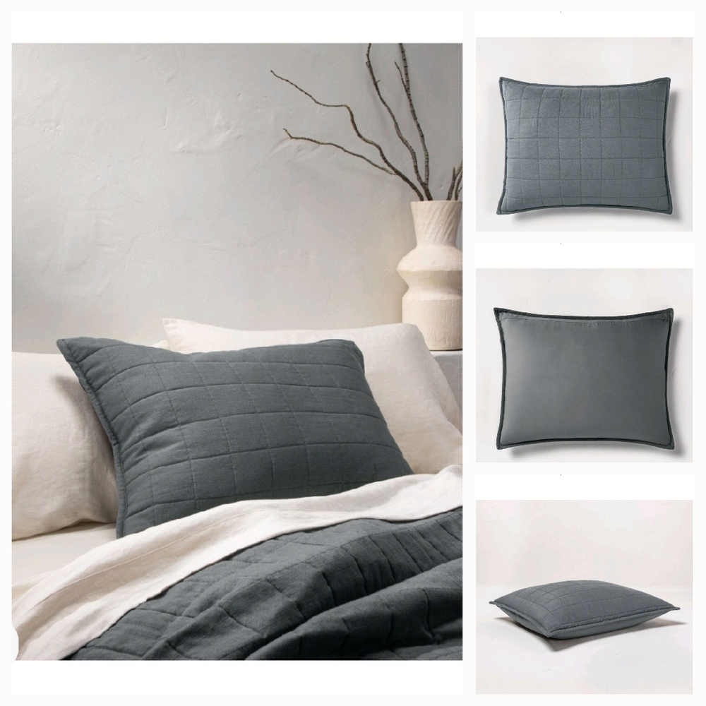 Casaluna Heavyweight Linen Blend Quilted Pillow Sham ~ Dark Gray